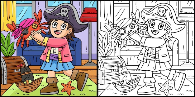 Niño con un cangrejo pirata de juguete Ilustración para colorear