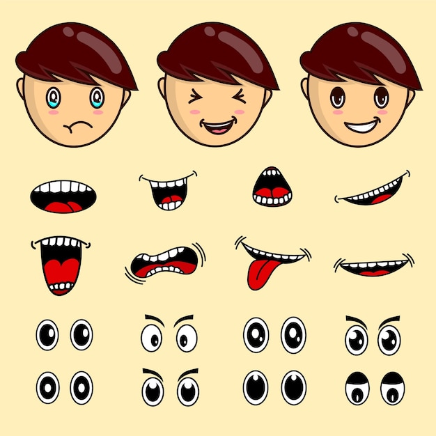 Niño cara boca y ojos conjunto vector aislado. conjunto de expresión infantil ojo y boca. emoticono emoji para niños