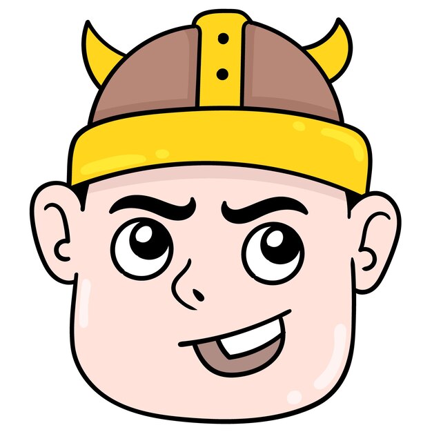 Niño de cara sonriente con un sombrero tribal vikingo, emoticon de cartón de ilustración vectorial. dibujo de icono de doodle