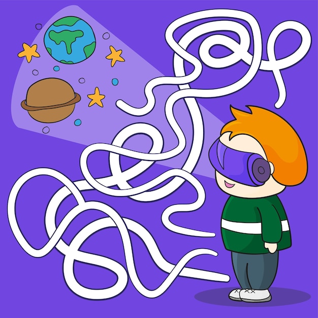 Niño con casco de realidad virtual en el espacio. Los juegos de laberinto encuentran el camino. Ilustración vectorial. Escenas de VR Space.
