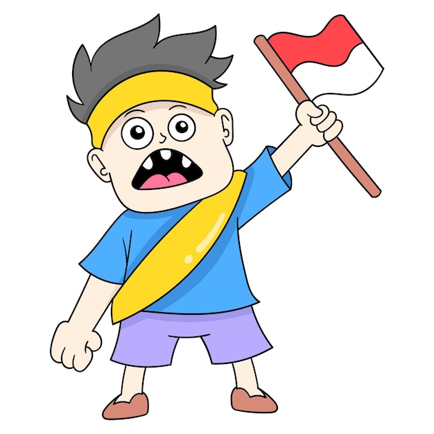 Niño celebrando la independencia del estado indonesio sosteniendo una bandera, arte de ilustración vectorial. imagen de icono de garabato kawaii.