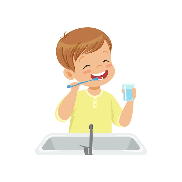 Vector niño cepillándose los dientes y enjuagándose con agua niño cuidando los dientes en la ilustración del vector del baño