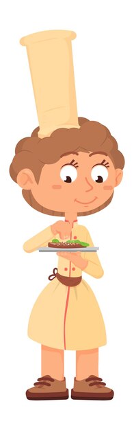 Niño chef sazonar la comida. Chica sosteniendo un plato en un plato para servir. Ilustración vectorial