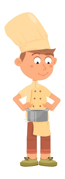 Niño chef sosteniendo una olla. Personaje de dibujos animados lindo niño aislado sobre fondo blanco