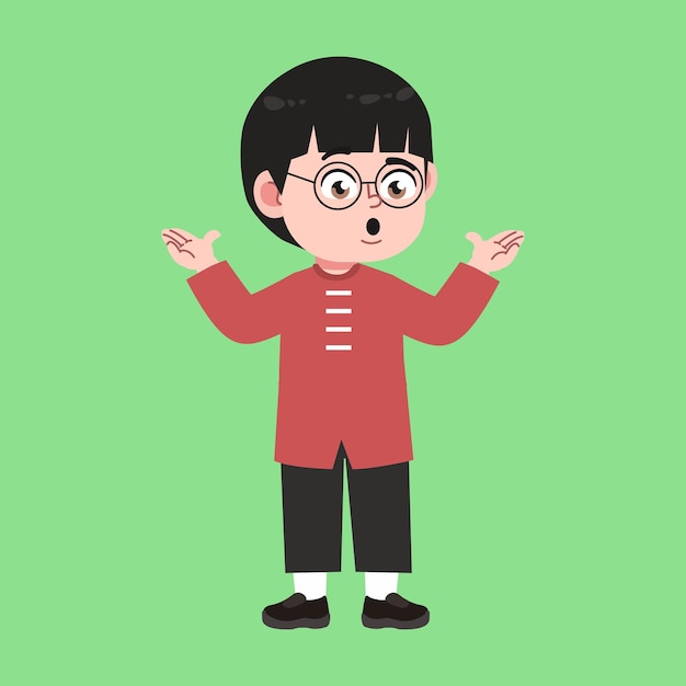 El niño chino con gafas bonitas y cabello negro está confundido.