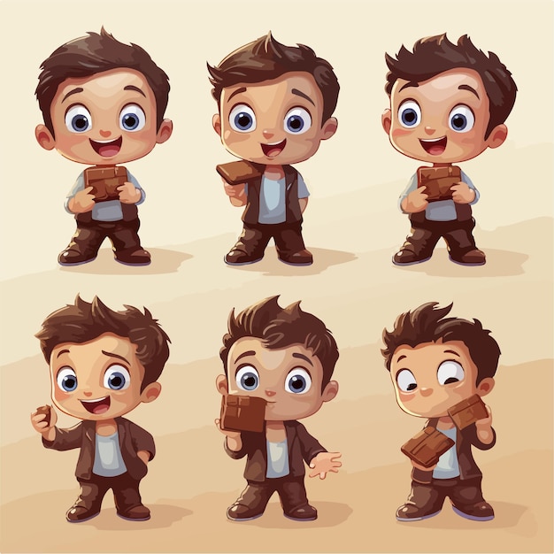 Vector niño, con, chocolate, caricatura, ilustración, vector, postura, niño joven