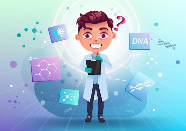 Niño científico diseño de personajes vectoriales Personaje de niño en bata de laboratorio con lista de verificación con conocimiento científico