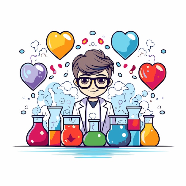 Niño científico con frascos químicos y corazones ilustración vectorial
