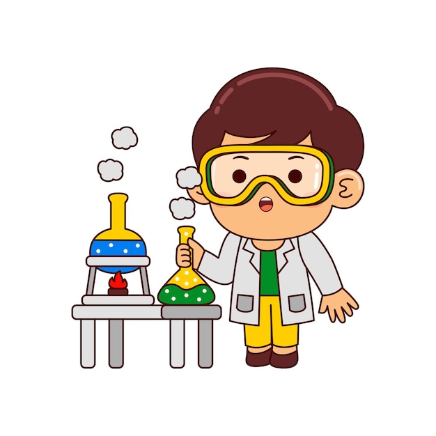 niño científico lindo personaje de dibujos animados ilustración vectorial