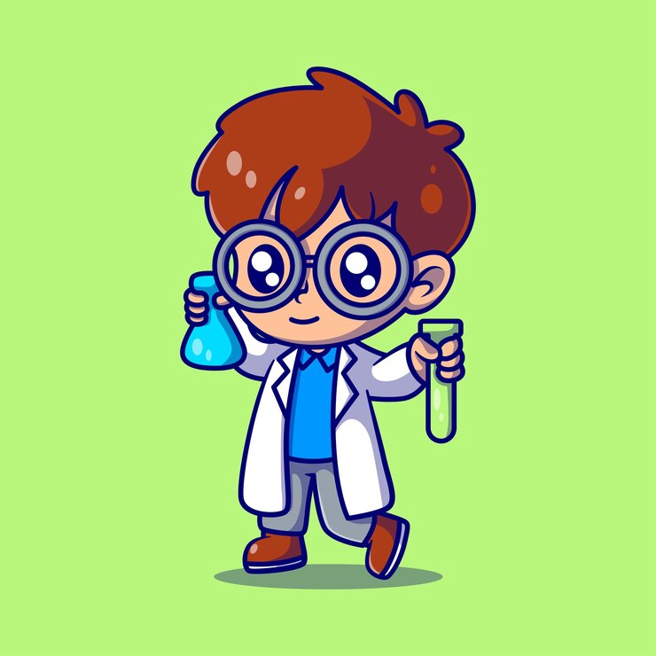 Un niño científico lindo con tubos icono de dibujos animados ilustración concepto de icono vectorial estilo de dibujo animado plano