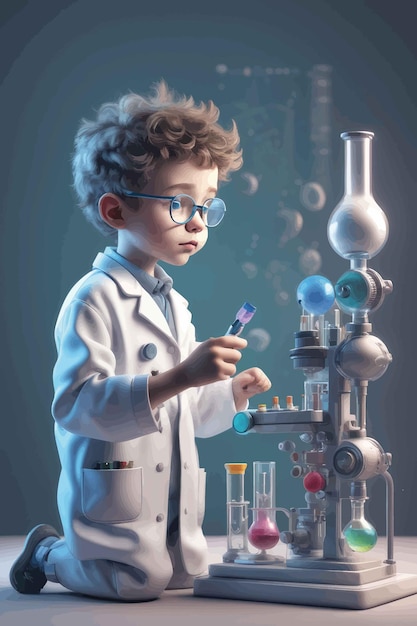 niño científico en uniforme con tubos de ensayo en el laboratorio