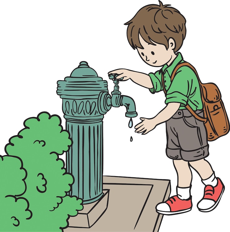 Un niño cierra un grifo de agua que gotea Ilustración de conservación del agua y conciencia ambiental