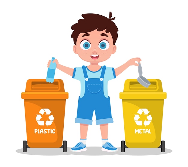 El niño clasifica basura de plástico y metal.