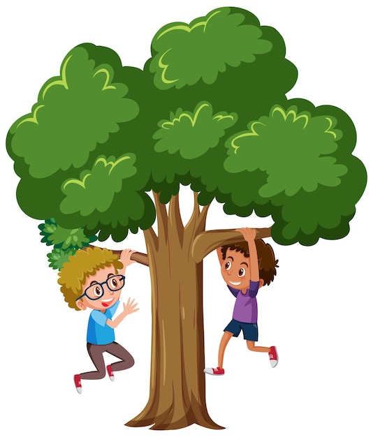 Un niño colgado de un árbol al estilo de las caricaturas