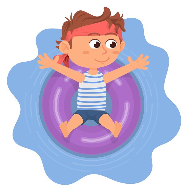 niño, colocar, en, anillo natación, caricatura, feliz, niño, vista superior