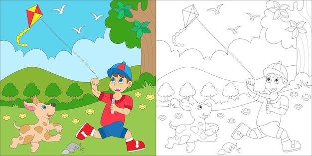 niño para colorear jugando cometa