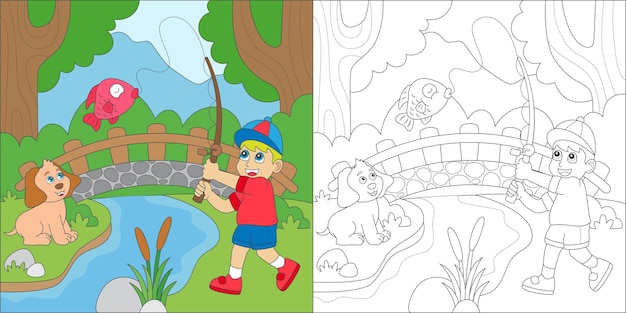 niño para colorear pesca