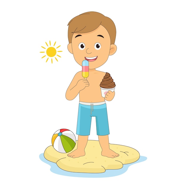 niño, comida, helado, en, playa