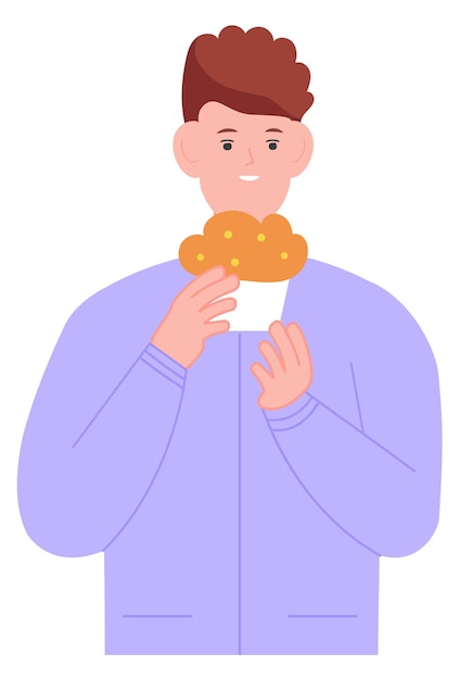 Niño, comida, muffin, joven, con, dulce, panadería