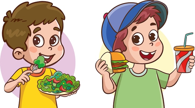 Niño comiendo comida rápida y niño comiendo ensalada