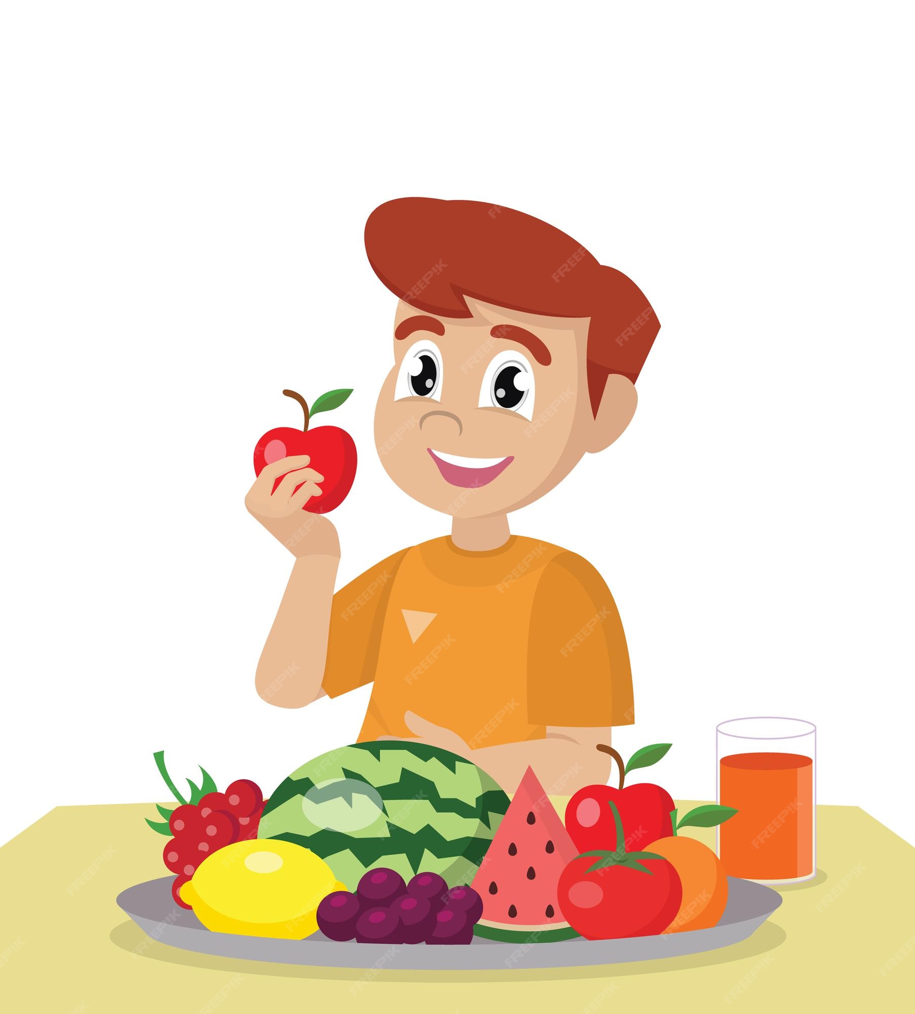 Niño comiendo frutas frescas y saludables | Vector Premium