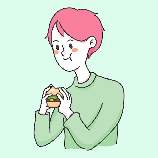 Niño comiendo hamburguesa comida chatarra gente linda ilustración