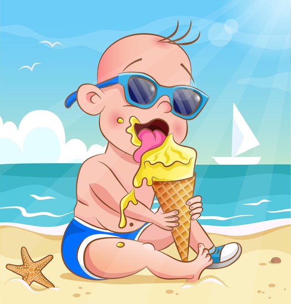 Niño comiendo helado en un cono de galleta. Niño con gafas de sol en la playa del mar