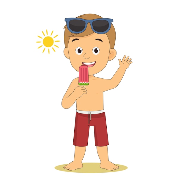 Niño comiendo helado en la playa