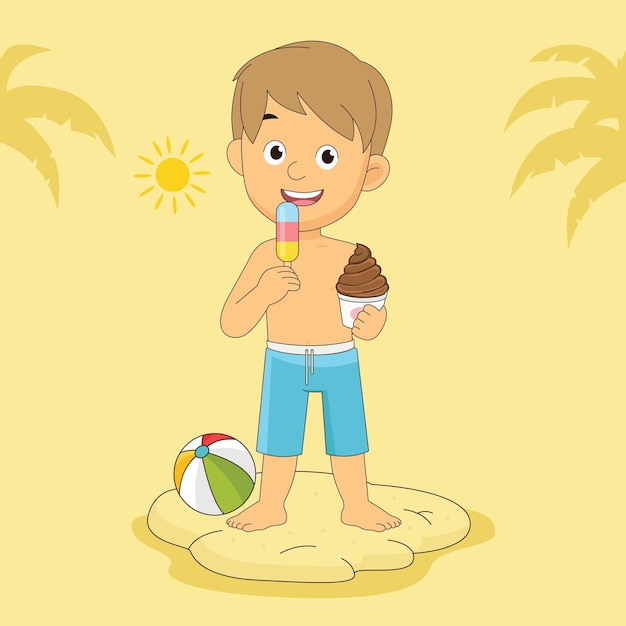 Niño comiendo helado en la playa