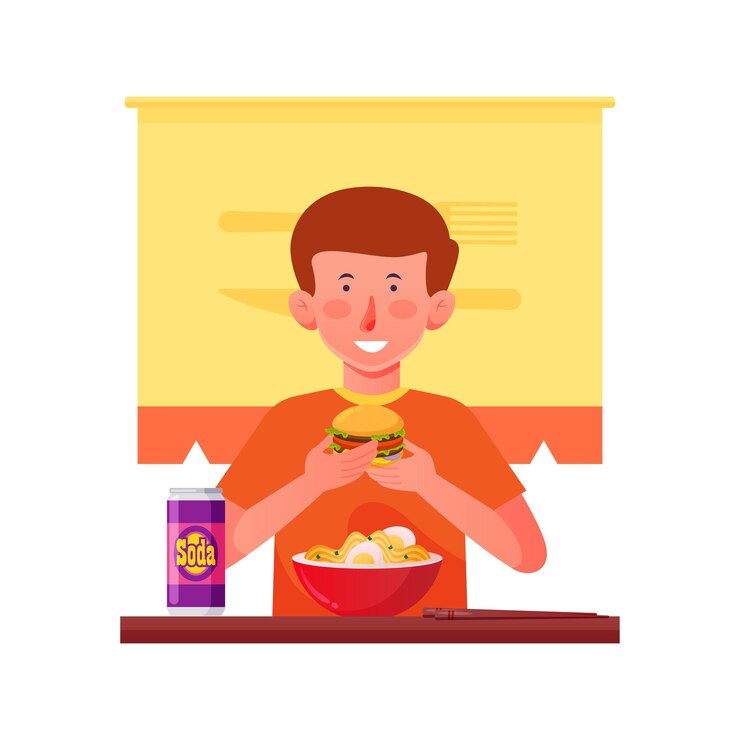 Vector niño comiendo ilustración de comida chatarra, comiendo hamburguesa