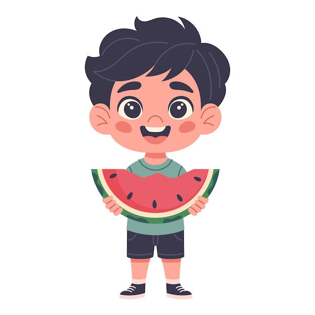 Niño comiendo sandía con una rebanada de sandía en la mano Ilustración vectorial plana dibujada a mano