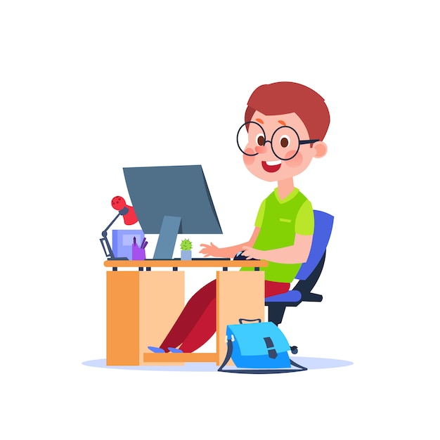 Niño en la computadora. Niño de dibujos animados aprendiendo en el escritorio con ordenador portátil. Estudiante estudiando codigo