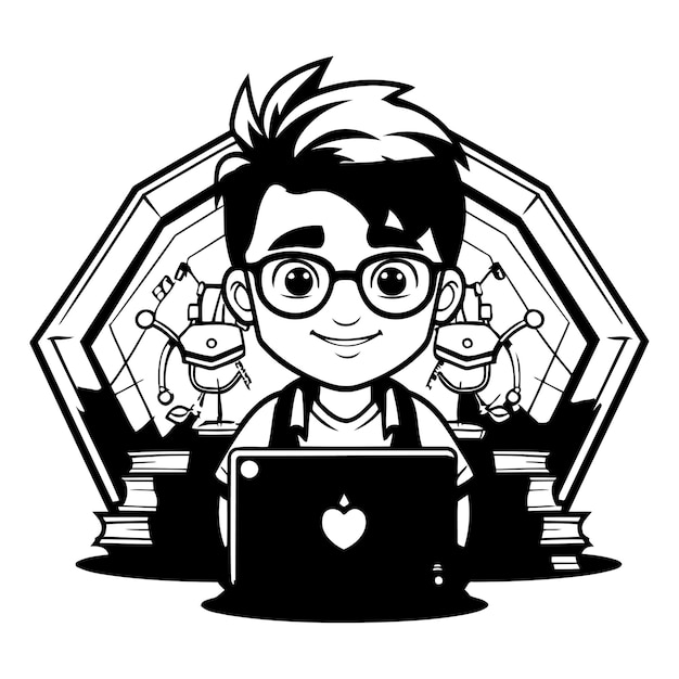 Vector niño con una computadora portátil ilustración vectorial en blanco y negro para libro de colorear