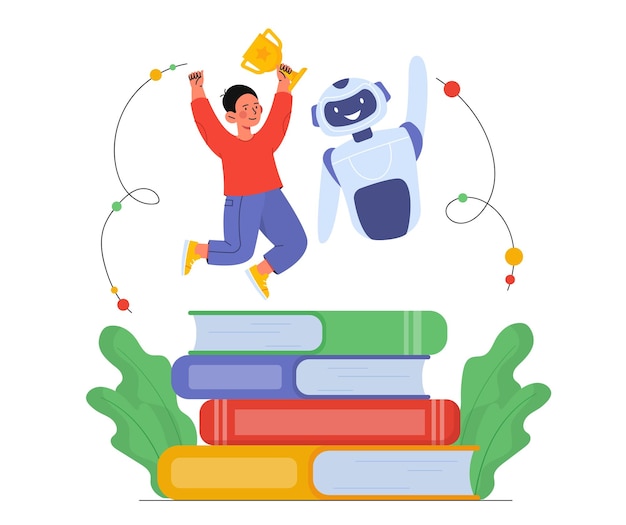 Niño con concepto de proceso educativo Niño con copa cerca de bot en la pila de libros Aprendizaje lectura y entrenamiento Conocimiento e información Adolescente con autodesarrollo Ilustración de vector plano de dibujos animados