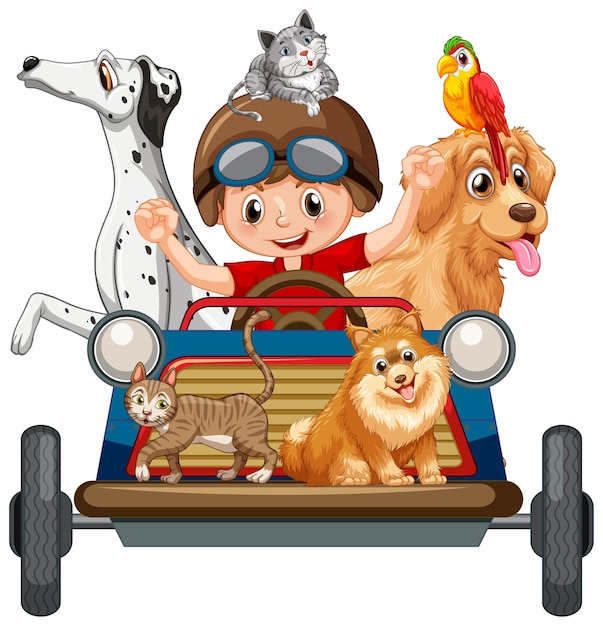 Un niño conduciendo un coche de juguete con sus perros al estilo de las caricaturas