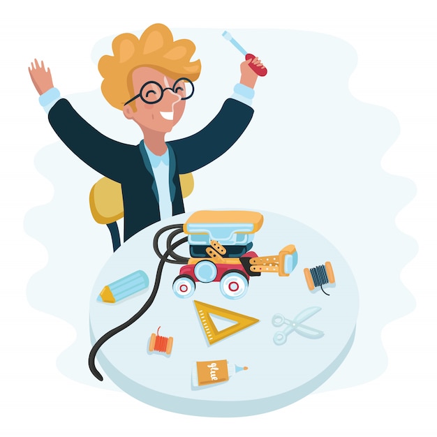 Niño configurando, configurando y programando un robot humanoide moderno conectado a una computadora portátil. Niño aprendiendo ingeniería experimentando con proyecto de educación tecnológica. Ilustración aislada plana