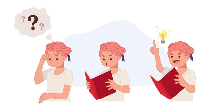 Vector niño confundido y entendió o encontró un libro de lectura de answergirl y luego obtuvo una idea ilustración de dibujos animados vectoriales planos