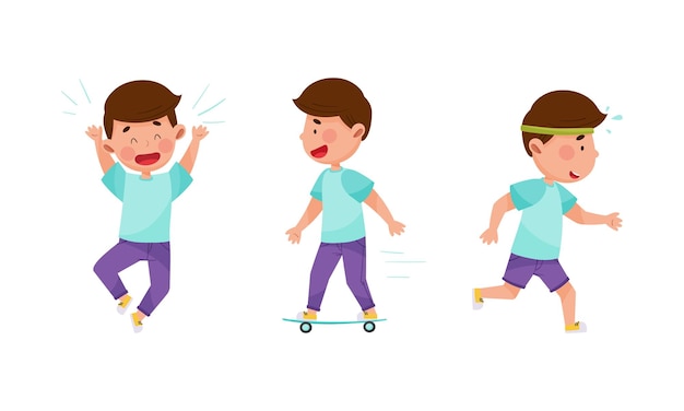 Niño conjunto de actividades diarias Chico lindo divirtiéndose patinando y corriendo Ilustración vectorial de dibujos animados