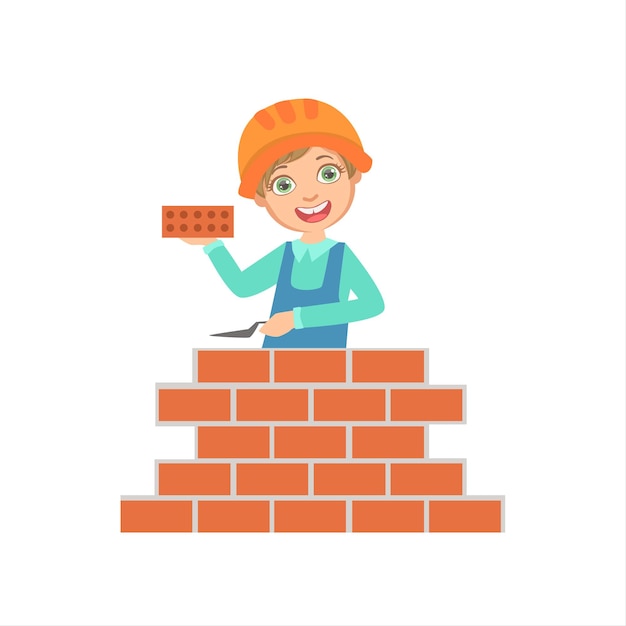 niño, construcción, un, pared ladrillo, niño, disfrazado, como, constructor, en, el, sitio construcción, futuro, sueño, profesión, conjunto, ilustración