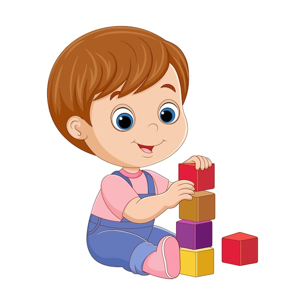 Niño construye cuidadosamente una torre con bloques de madera Vector de dibujos animados