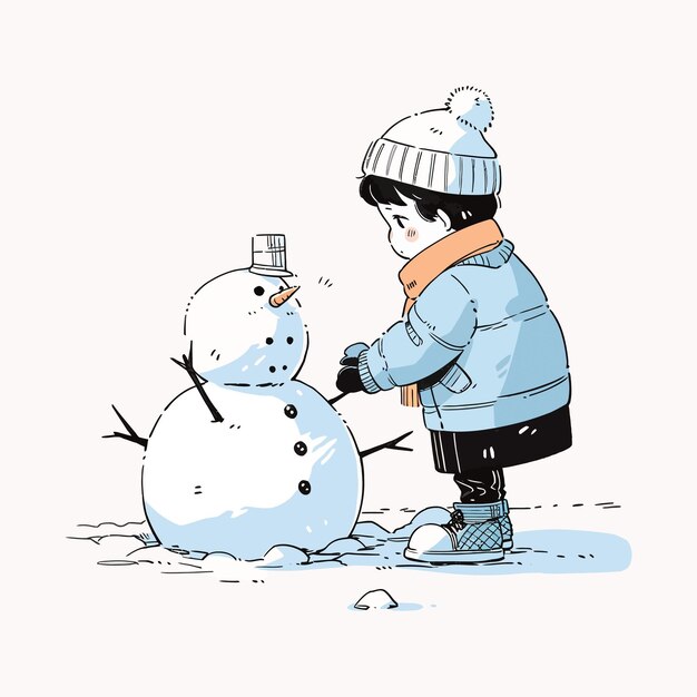 Vector un niño construyendo un muñeco de nieve en una nítida ilustración de vector de día de invierno