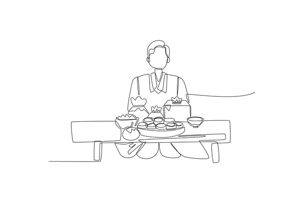 Un niño coreano de dibujo de una sola línea está sentado y tiene una comida coreana en la mesa Concepto de chuseok feliz Ilustración de vector gráfico de diseño de dibujo de línea continua