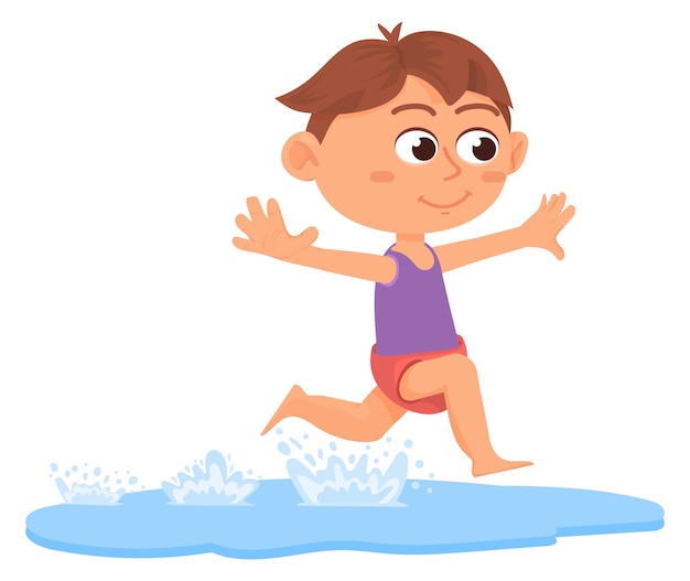 Niño corriendo en el agua Niño de dibujos animados en la playa de verano