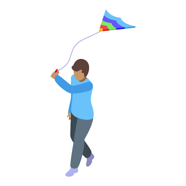 Niño corriendo con cometa ilustración vectorial de icono isométrico
