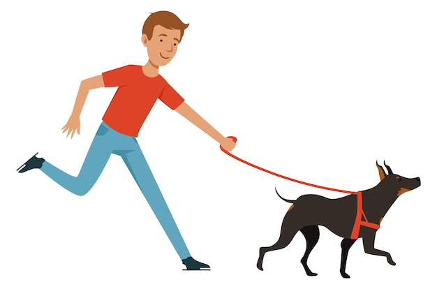 Niño corriendo con dobermann Niño de dibujos animados con perro caminando