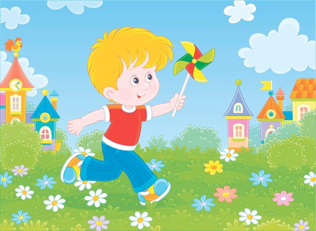 Niño corriendo y jugando con su perinola de juguete entre flores en la hierba verde de un parque