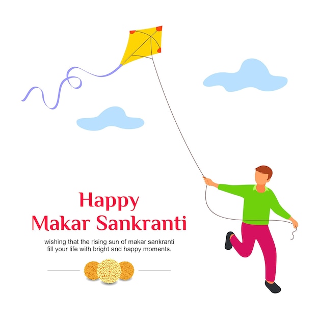 Niño corriendo y volando cometa Happy Makar Sankranti Fondo de ilustración vectorial Vacaciones de la India