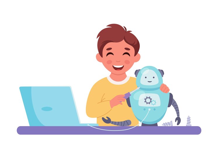 Vector niño creando un robot programación e ingeniería robótica para niños ilustración vectorial
