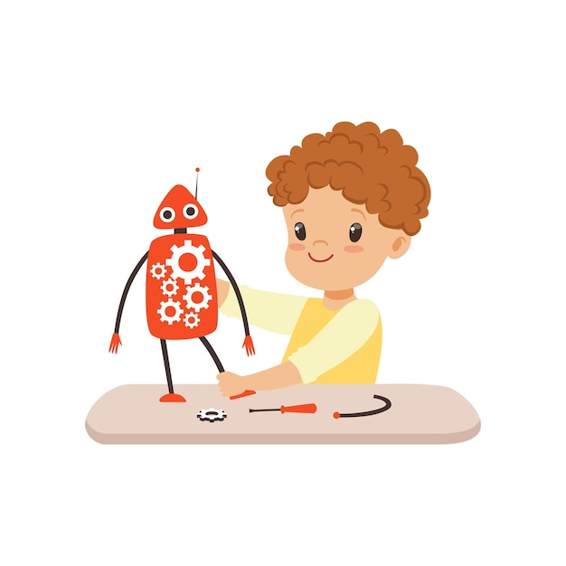 Niño creando robótica robot inteligente y programación para niños vector de concepto de proyecto educativo ilustración aislada sobre fondo blanco