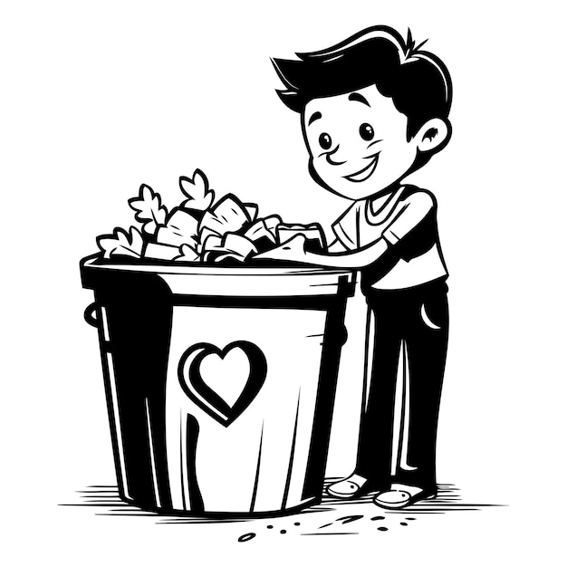 Niño con un cubo de basura lleno de flores Ilustración vectorial en blanco y negro